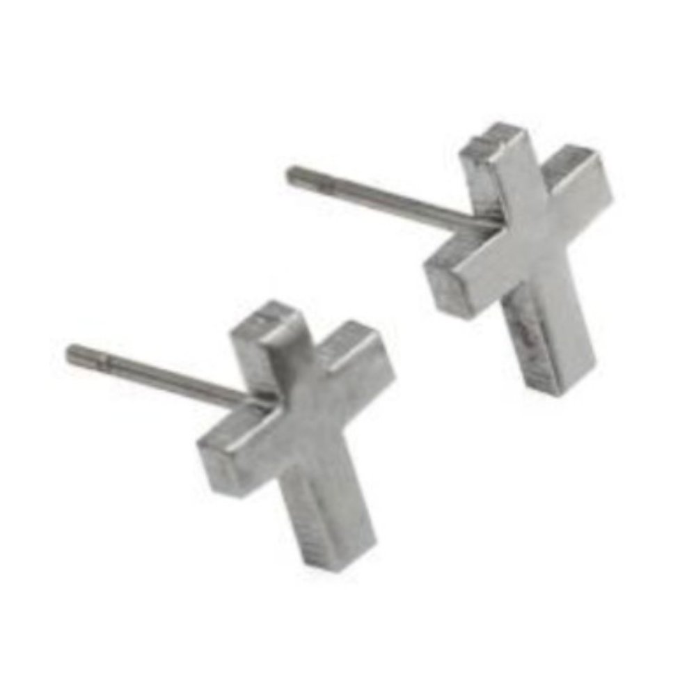 High-Quality Stainless Steel Silver Christain Cross Curved Edges Earrings